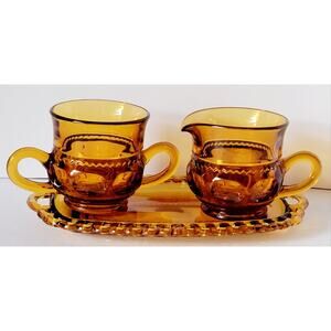Vintage Indiana Glass Kings Crown Amber Sugar Creamer + Tray (3 Pc)